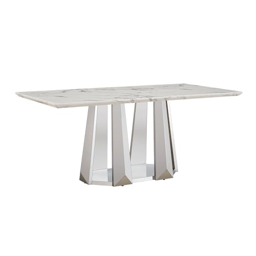 Marble Dining Table for 6 People, 70'' Rectangle Faux Marble Dining Table with Mirrored Stainless Steel Base, Large Size Marble Kitchen Table (Silver,White)(only Table)
