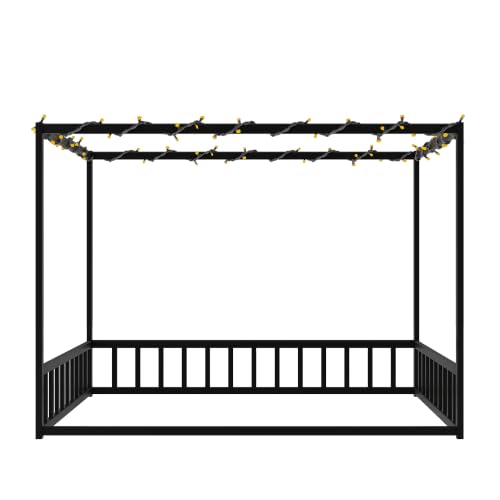 Full Canopy BedFrame with led, Metal Montessori House Floor Bed, view 7