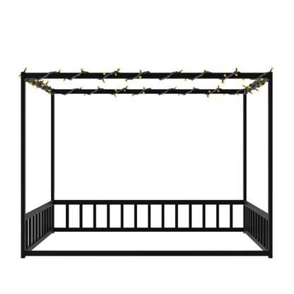 Full Canopy BedFrame with led, Metal Montessori House Floor Bed, view 7