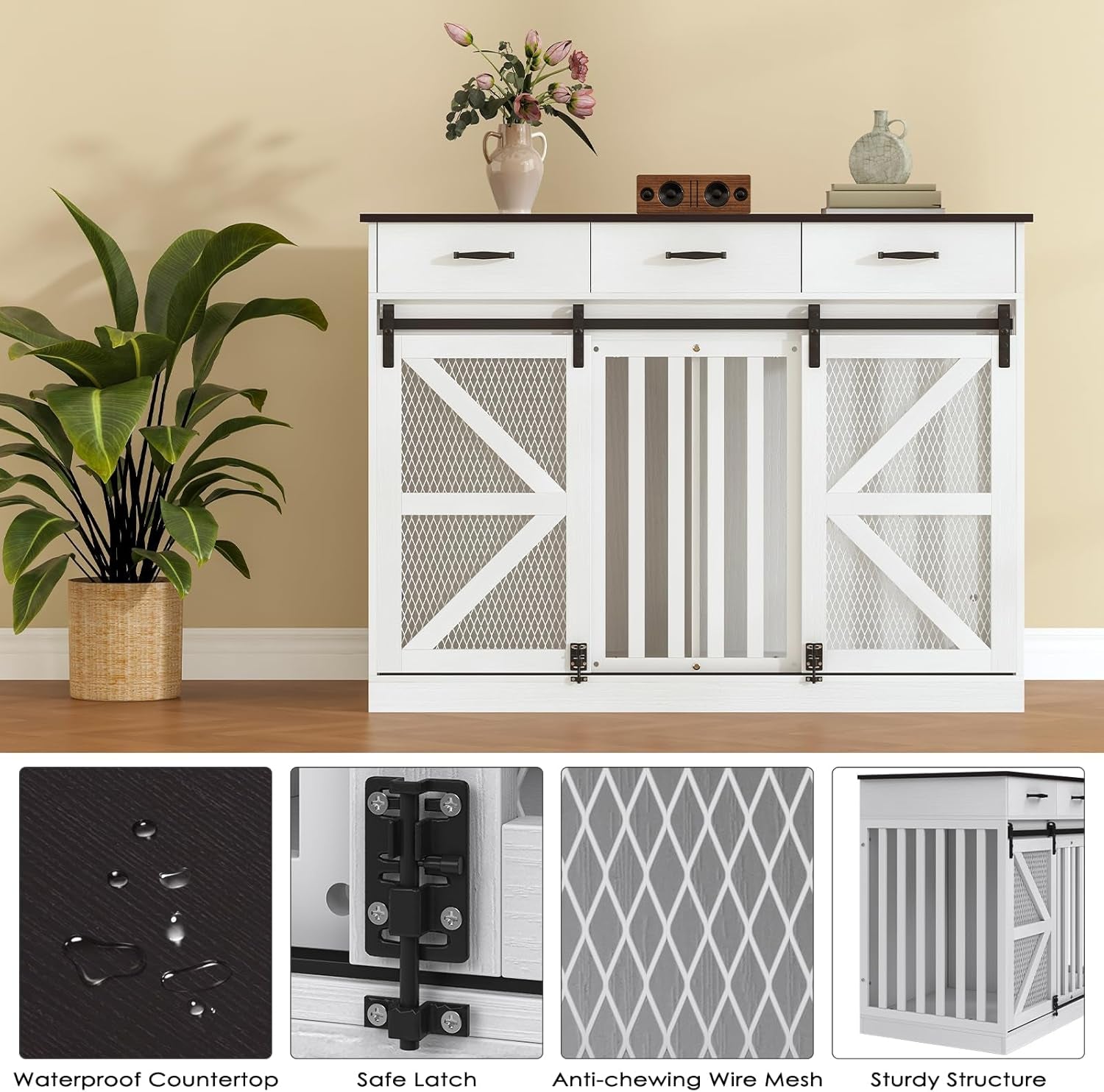 Large Furniture Dog Crate, Dog Kennel Indoor, Wood Dog Cage Table with Drawers Storage, Heavy Duty Dog Crate, Jaula Para Perros, Sturdy Metal, 40.5" L×23.6" W×35.4" H, Rustic Grey