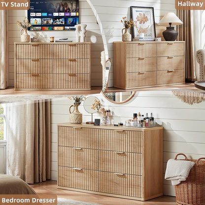 Fluted Dresser and 3 Drawers Nightstand Set of 2, Wood 48" Wide Dresser & 23" Night Stand with Charging Station, 3 Piece Bedroom Furniture Set, Chest of Drawers for Home,Living Room,Wood
