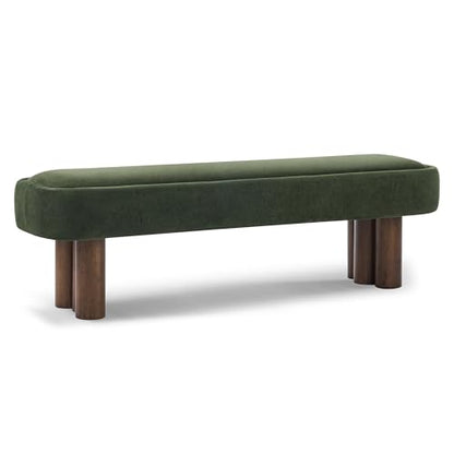 60.04" Green Upholstered Dining Bench with Walnut-Finished Rubberwood Legs – Fabric Seating Bench for Kitchen, Dining Room, Living Space, Supports 250 lbs