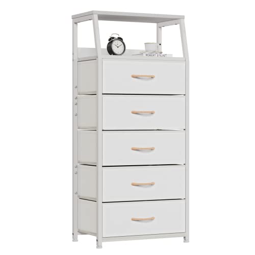 White Tall Dresser for Bedroom, 5 Fabric Bins Tall Nightstand, Dorm Dresser, view 2