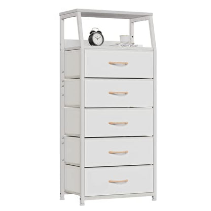 White Tall Dresser for Bedroom, 5 Fabric Bins Tall Nightstand, Dorm Dresser, view 2
