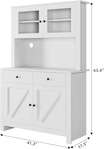 Kitchen Pantry Cabinet with Microwave Stand, Freestanding Hutch Cabinet with Buffet Cupboard, Tall Kitchen Cabinets with Adjustable Shelves for Dining Room, White