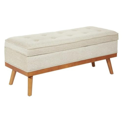 Mid-Century Storage Bench, 43.5"W x 17.5"D x 18.5"H, Linen Beige Fabric, Button-Tufted Design, Solid Wood Espresso Legs, Soft-Close Hinged Top, Hidden Storage for Bedroom or Entryway Use