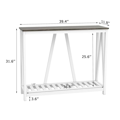 Farmhouse Console Table with Shelf, 39.3" Narrow Entryway Table, Dark Oak | Farmhouse Style Grey Oak Top White V‑Shape Frame Slat Shelf Storage 39.3" Narrow Anti‑Tip Legs sofa table