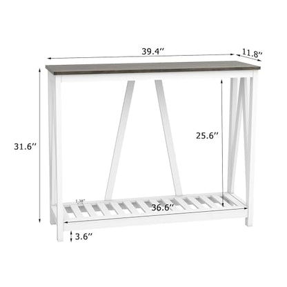 Farmhouse Console Table with Shelf, 39.3" Narrow Entryway Table, Dark Oak | Farmhouse Style Grey Oak Top White V‑Shape Frame Slat Shelf Storage 39.3" Narrow Anti‑Tip Legs sofa table