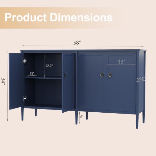 58" Sideboard Buffet Cabinet with Storage for Dining Room, Blue, view 3