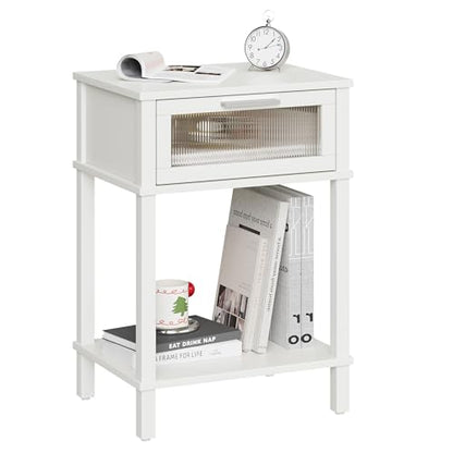 Nightstand Wooden Bedside Table with Drawer White Night Stands Modern Style Small End Table Side Table with Storage Shelf for Bedroom Living Room MLBZ10W