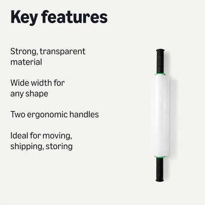 Strong Transparent Stretch Wrap Film Roll for Moving, Shipping and Storing, Furniture Wrapping, 15" x 1000 ft, Two Ergonomic Handles, Clear, 1 Roll
