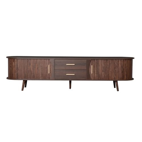 70" Fluted TV Stand for TVs Up to 80", Mid Century Entertainment Center with Sliding Tambour Doors and Drawers, Modern Curved Media Console with Storage for Living Room, Walnut