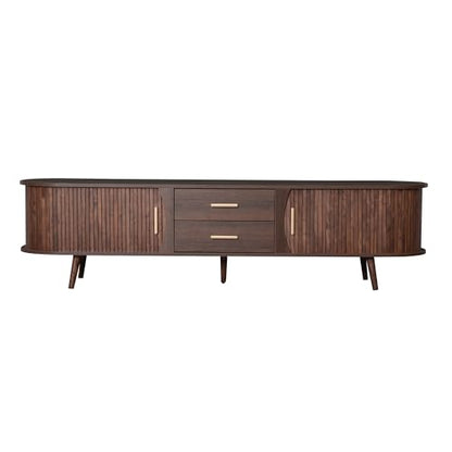 70" Fluted TV Stand for TVs Up to 80", Mid Century Entertainment Center with Sliding Tambour Doors and Drawers, Modern Curved Media Console with Storage for Living Room, Walnut