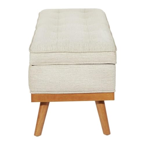 Mid-Century Storage Bench, 43.5"W x 17.5"D x 18.5"H, Linen Beige Fabric, Button-Tufted Design, Solid Wood Espresso Legs, Soft-Close Hinged Top, Hidden Storage for Bedroom or Entryway Use