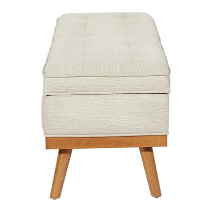 Mid-Century Storage Bench, 43.5"W x 17.5"D x 18.5"H, Linen Beige Fabric, Button-Tufted Design, Solid Wood Espresso Legs, Soft-Close Hinged Top, Hidden Storage for Bedroom or Entryway Use
