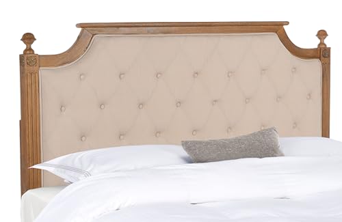 SAFAVIEH Furniture - Rustic Full Headboard - Beige & Rustic Oak - Solid Wood - Farmhouse Upholstered Design - Ideal for Bedroom (FOX6241A-F)