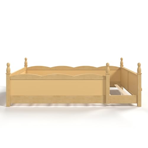 JIVOIT Queen Size Floor Bed with Accessible Door, Wood Montessori Floor Bed with Beside Book Shelf, Childlike Design, Full-Length Guardrails, No Box Spring Needed (Natural/ Queen,15)