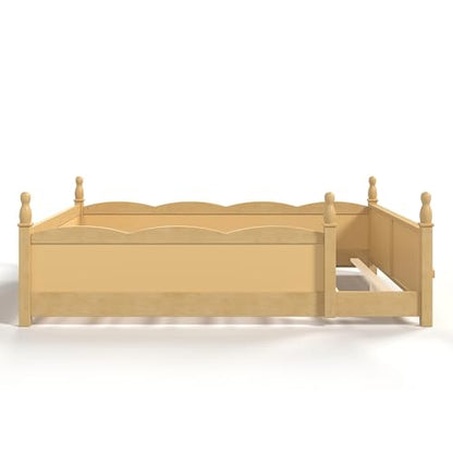 JIVOIT Queen Size Floor Bed with Accessible Door, Wood Montessori Floor Bed with Beside Book Shelf, Childlike Design, Full-Length Guardrails, No Box Spring Needed (Natural/ Queen,15)