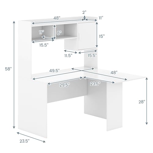 L Shaped Desk with Hutch, White Corner Desk with Storage Shelf & Cabinet, view 4