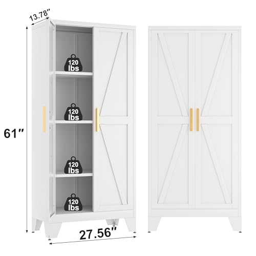 61H Metal Storage Cabinet with 2 Doors and Adjustable Shelves,Farmhouse Storage Cabinet with Barn Doors,Pantry Storage for Home,Office,Bathroom,Dining Room,Kitchen(White)