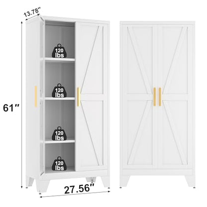 61H Metal Storage Cabinet with 2 Doors and Adjustable Shelves,Farmhouse Storage Cabinet with Barn Doors,Pantry Storage for Home,Office,Bathroom,Dining Room,Kitchen(White)