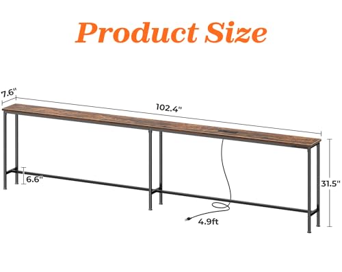 102.4 Inch Sofa Table with Power Outlets and USB-C Port, 5.9 Inch Narrow Console Tables, Entryway Hallway Couch Tables with Storage, Behind Sofa, Small Spaces, Living Room, Rusitc Brown
