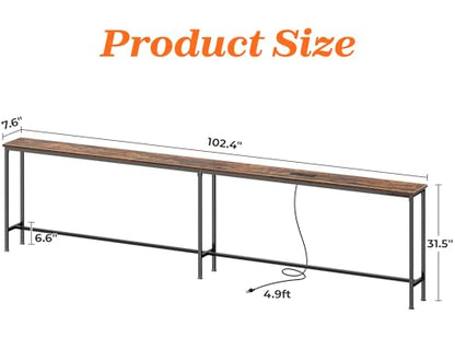 102.4 Inch Sofa Table with Power Outlets and USB-C Port, 5.9 Inch Narrow Console Tables, Entryway Hallway Couch Tables with Storage, Behind Sofa, Small Spaces, Living Room, Rusitc Brown