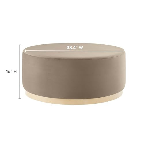 Tilden 38 Inch Round Performance Velvet Upholstered Ottoman in Taupe Natural - Round Ottoman Coffee Table for Living Room, Large Ottoman Foot Rest with Rubberwood Plinth Base
