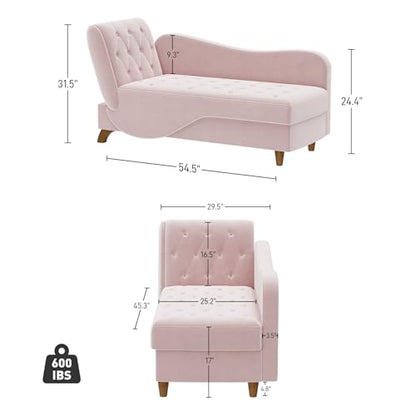 Indoor Velvet Chaise Lounge Chair with Storage for Living Room, Blush Pink, view 3