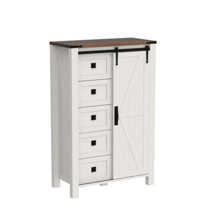 5 Drawers Dresser for Bedroom w/Sliding Barn Door, Farmhouse Modern Tall Dresser 5 Chest of Drawers, Storage Organizer for Bedroom, Hallway, Living Room, Kids Room, Antique White