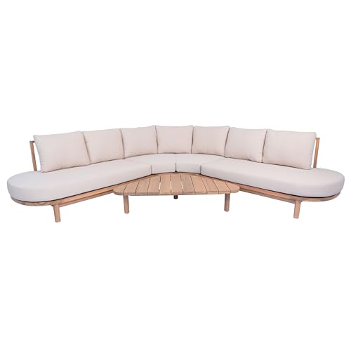5 Piece Patio Outdoor Furniture Set, All Weather 118" Half Moon Sectional Sofa with Acacia Wood Frame & Waterproof Cushions,1 Coffee Table for Garden,Lawn,Backyard,Poolside,Beige+Light Teak