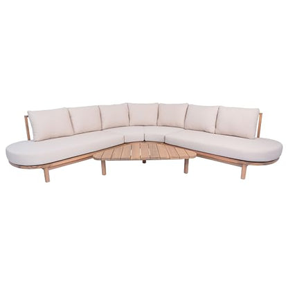 5 Piece Patio Outdoor Furniture Set, All Weather 118" Half Moon Sectional Sofa with Acacia Wood Frame & Waterproof Cushions,1 Coffee Table for Garden,Lawn,Backyard,Poolside,Beige+Light Teak