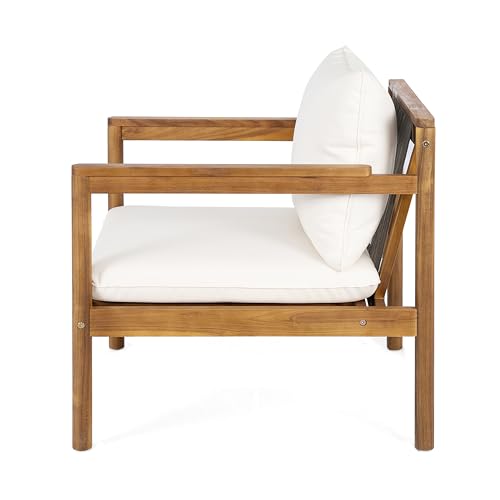 Krixi Acacia Wood Lounge Chair Outdoor with Rope Accent, Accent Chair with Water-Repellent Cushions, Comfy Chairs for Garden/Backyard, Heavy Duty Patio Furniture, Teak + Cream