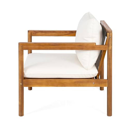 Krixi Acacia Wood Lounge Chair Outdoor with Rope Accent, Accent Chair with Water-Repellent Cushions, Comfy Chairs for Garden/Backyard, Heavy Duty Patio Furniture, Teak + Cream