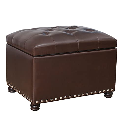 Leather Ottoman with Storage,24’’Foot Rest Ottomans with Hinged Lid Rectangle Upholstered Foot Stools Nailhead Trim for Living Room Bedroom,Classic Brown