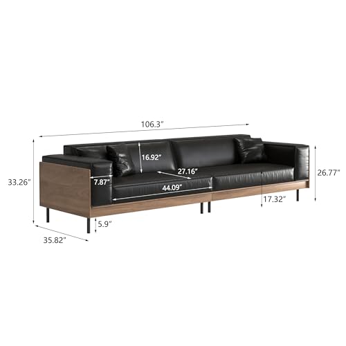 106.3" Mid-Century Modern Leather Sofa Couch with Wood Frame, view 3