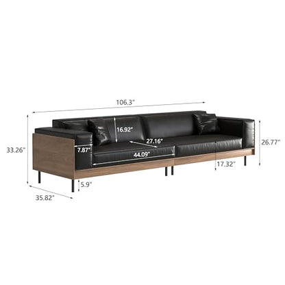 106.3" Mid-Century Modern Leather Sofa Couch with Wood Frame, view 3
