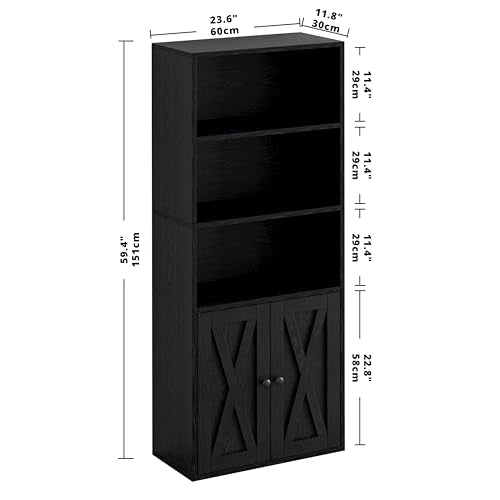 5-Tier Bookshelf, 11.8in Depth Bookcase with Doors Industrial Bookshelf with Storage,Floor Standing Display Storage Shelves for Home Office, Living Room, Industrial Black