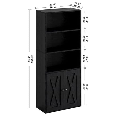 5-Tier Bookshelf, 11.8in Depth Bookcase with Doors Industrial Bookshelf with Storage,Floor Standing Display Storage Shelves for Home Office, Living Room, Industrial Black