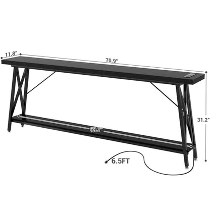 70.9 Inch Extra Long Console Table, Industrial Sofa Table Behind Couch with Charging Station & Storage Shelf, Entryway Table for Living Room & Entryway, Black