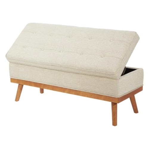 Mid-Century Storage Bench, 43.5"W x 17.5"D x 18.5"H, Linen Beige Fabric, Button-Tufted Design, Solid Wood Espresso Legs, Soft-Close Hinged Top, Hidden Storage for Bedroom or Entryway Use