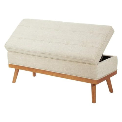 Mid-Century Storage Bench, 43.5"W x 17.5"D x 18.5"H, Linen Beige Fabric, Button-Tufted Design, Solid Wood Espresso Legs, Soft-Close Hinged Top, Hidden Storage for Bedroom or Entryway Use