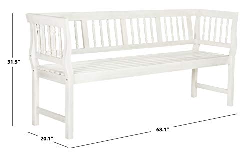 SAFAVIEH Outdoor Patio Furniture Collection – Brentwood Antique White Distressed Acacia Wood Bench with Silver Accents, Classic Outdoor Seating for Porch or Garden (PAT6732C)