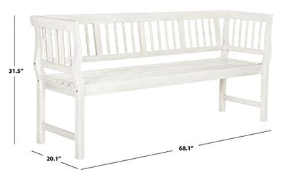 SAFAVIEH Outdoor Patio Furniture Collection – Brentwood Antique White Distressed Acacia Wood Bench with Silver Accents, Classic Outdoor Seating for Porch or Garden (PAT6732C)