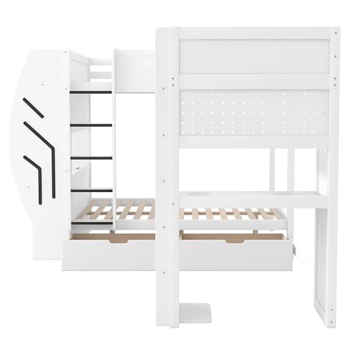 JIVOIT L-Shaped 3 in 1 Bunk Bed, Full & Twin Size Gaming Bunk Bed with Built-in Desks and Pegboard Organizer, Ladders, Storage Drawers and Open Shelve, Multi-User Bunk Bed for Kids Teens (White/62)