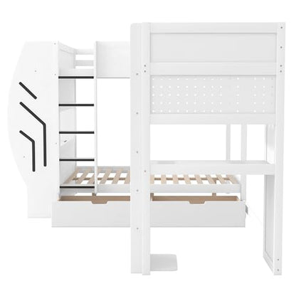 JIVOIT L-Shaped 3 in 1 Bunk Bed, Full & Twin Size Gaming Bunk Bed with Built-in Desks and Pegboard Organizer, Ladders, Storage Drawers and Open Shelve, Multi-User Bunk Bed for Kids Teens (White/62)