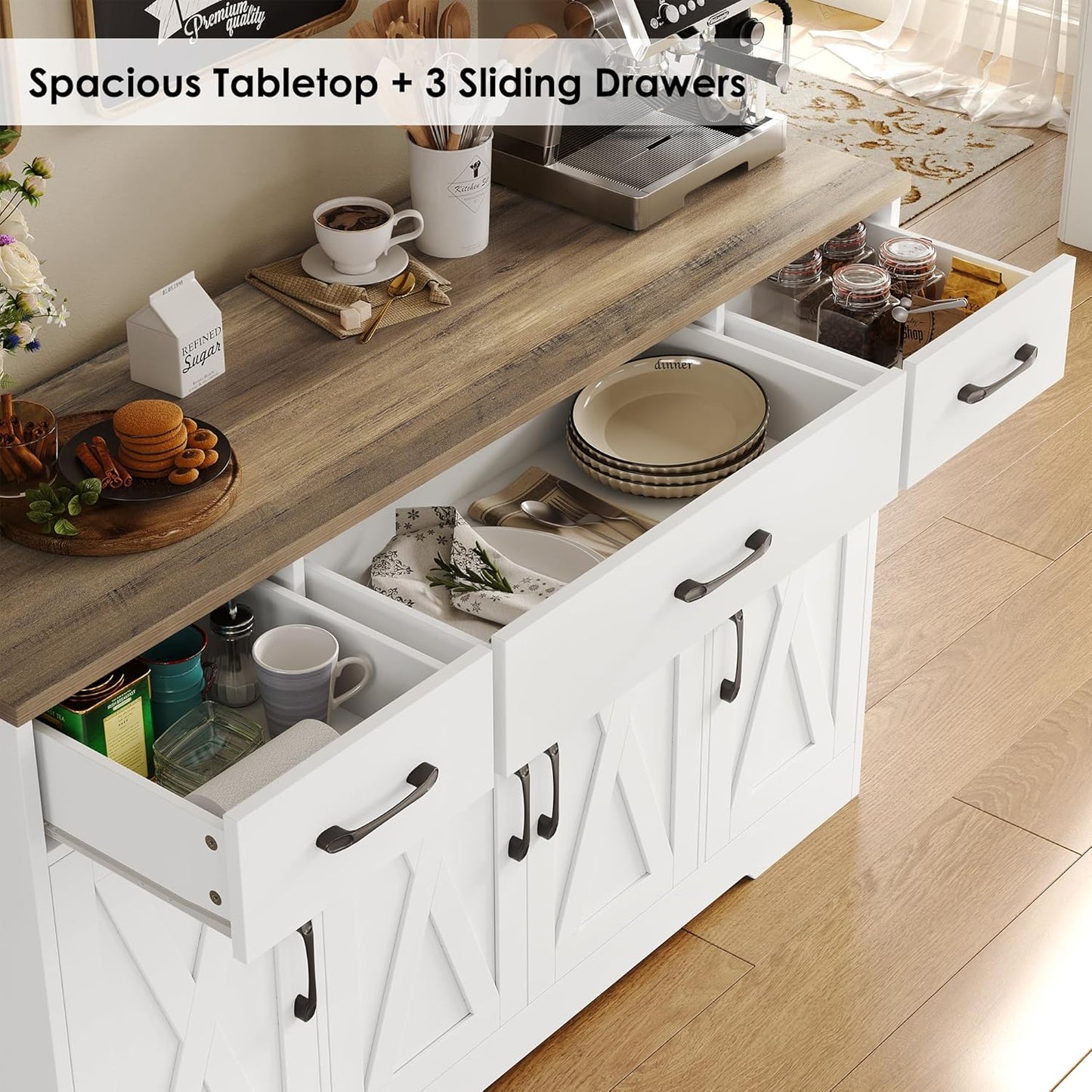 Buffet Cabinet with Drawers, 55" Large Sideboard Buffet Storage Cabinet with Shelves and Doors, Modern Farmhouse Coffee Bar Station Wood Kitchen Table for Kitchen, Dining Room, White/Rustic