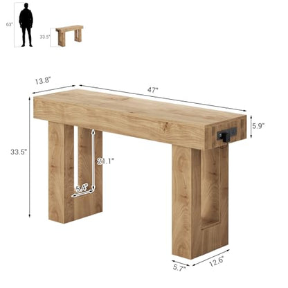 47" Entryway Table with Socket and Sensor Light, Narrow Console Table with Storage Behind Couch, Farmhouse Entry Way Tables with Open Storage for Entrance/Hallway/Living Room, Natural Oak
