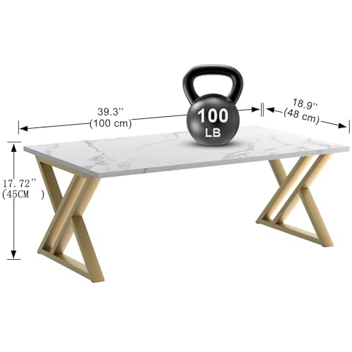 Coffee Table Living Room Table White Center Table, Simple Modern Faux Marble Rectangular Tea Tables with Sturdy Gold Metal Frame,Industrial Wooden Coffee Table for Bedroom Home Office