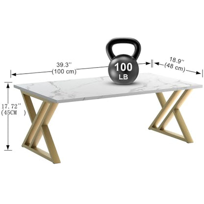 Coffee Table Living Room Table White Center Table, Simple Modern Faux Marble Rectangular Tea Tables with Sturdy Gold Metal Frame,Industrial Wooden Coffee Table for Bedroom Home Office